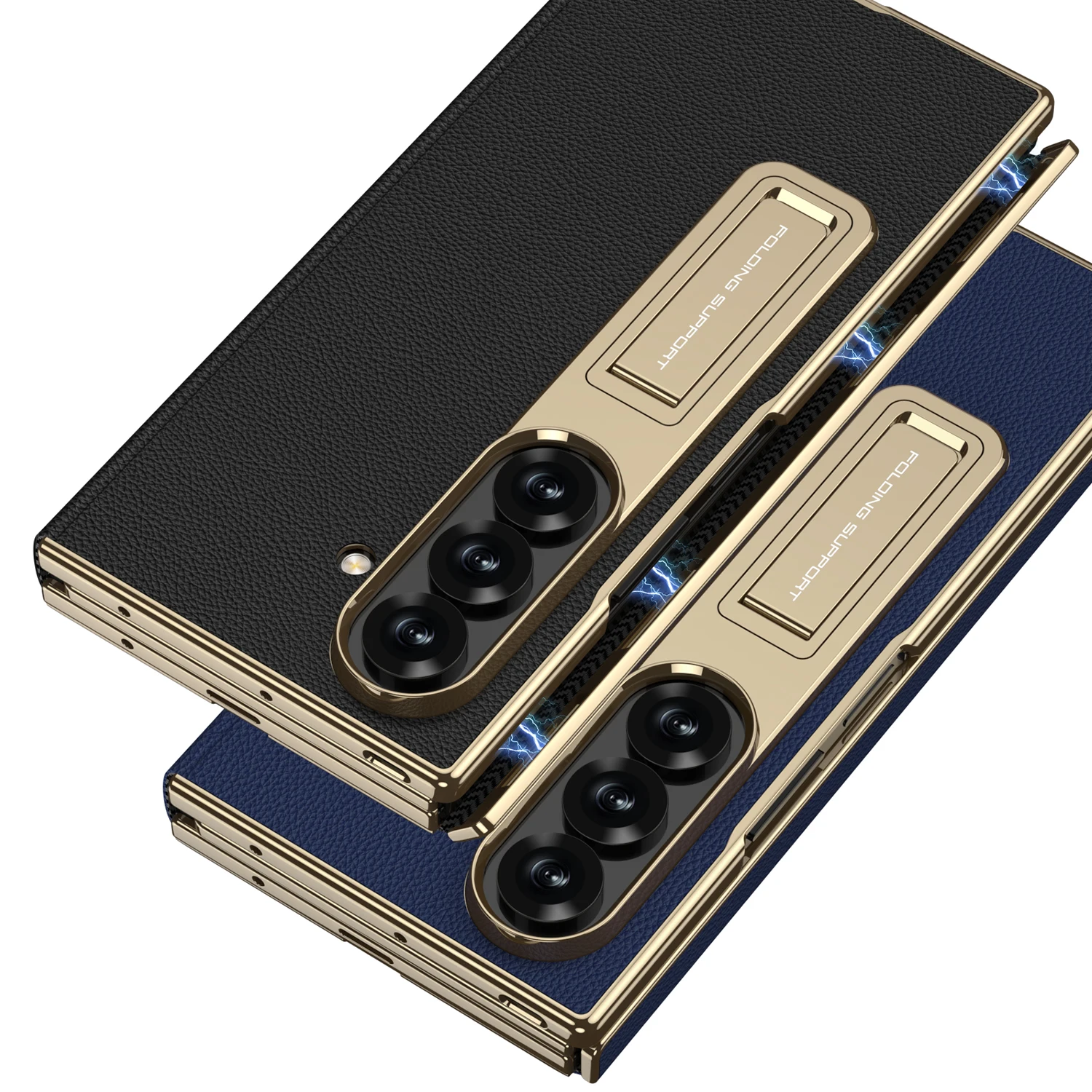 Premium TriFold Magnetic Leather Flip Phone Case with 9H Glass Protector & Kickstand Bracket