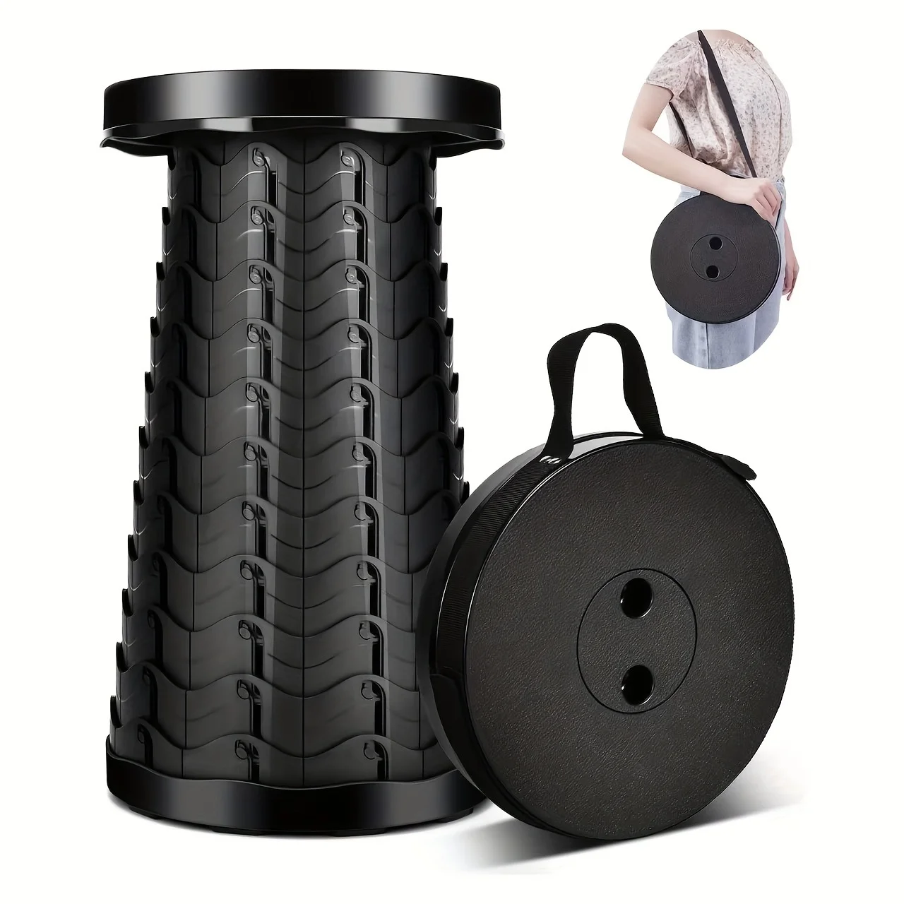 BOBOZHONG Draagbare telescopische kruk, intrekbare opvouwbare kruk, lichtgewicht, verstelbare hoogte, zwart, ABS plastic stoel, moderne stijl, 46 cm (H) x 25 cm (B), 180 kg maximale belasting