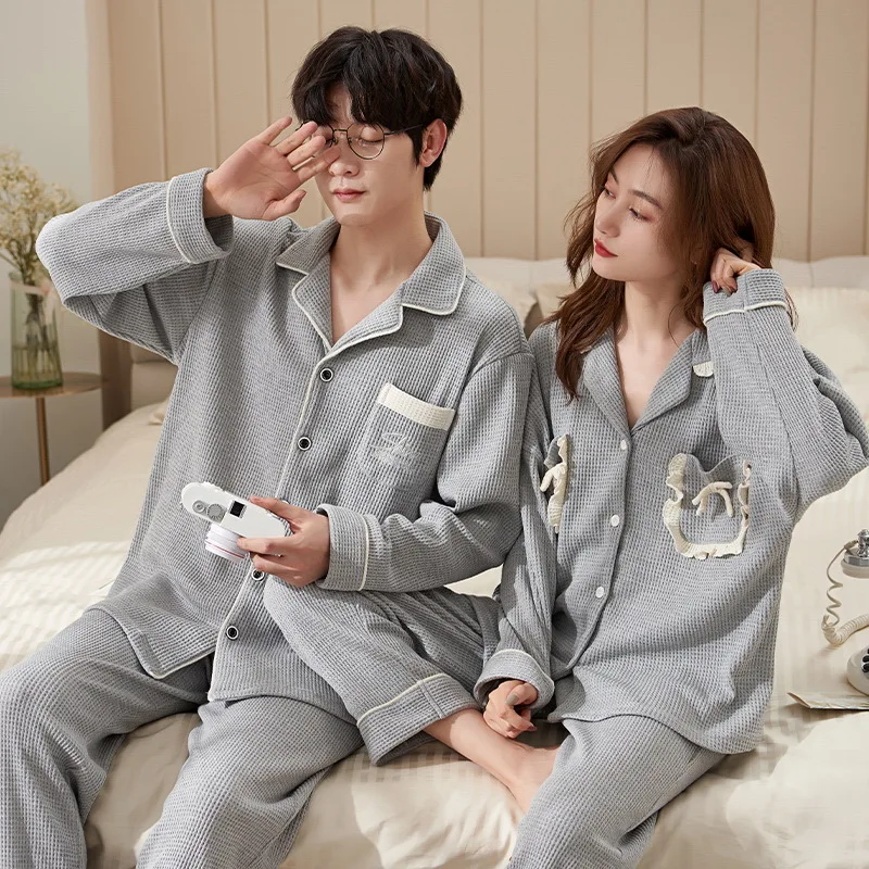 Autumn Winter Men's Waffle Pajama Set Long Sleeve Trousers Plus Size 3XL Loose-fit Casual Couple Home Clothes Women Loungewear pajama sets