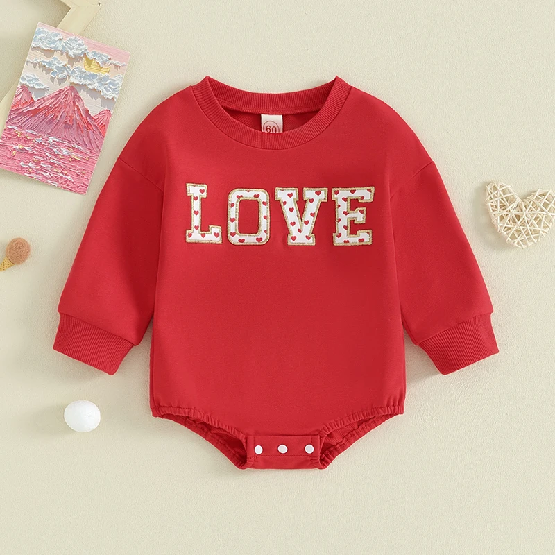 

Infant Baby Rompers for Valentine's Day Autumn Letter Embroidery Print Round Neck Long Sleeve Jumpsuits Girls Clothes