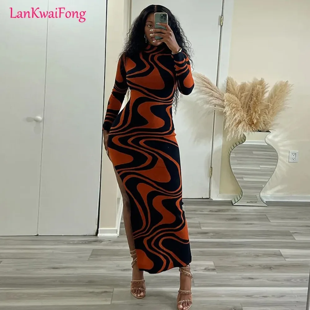 

2024 Fashion Printed Tight Dress Half Turtleneck Long Sleeve Long Skirt Slit One Step Dress for Women