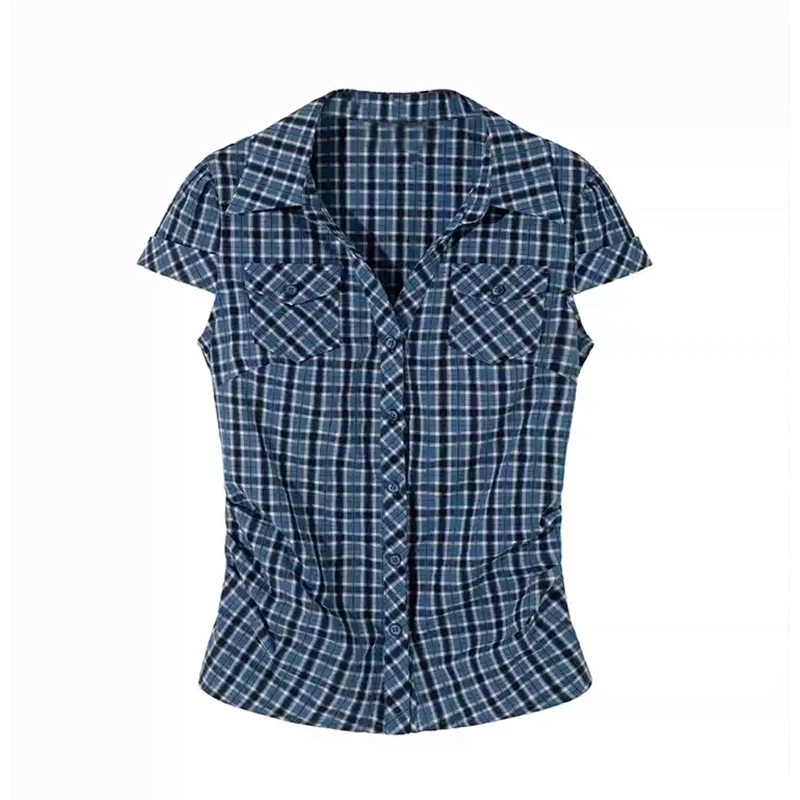 Genayooa Y2k Vintage-Shirt für Damen, kurzärmelig, blau kariert, Bluse und Hemd, Streetwear, japanisches 2000er-Jahre-Shirt, Tops, amerikanisches Retro-Shirt – Detail 9