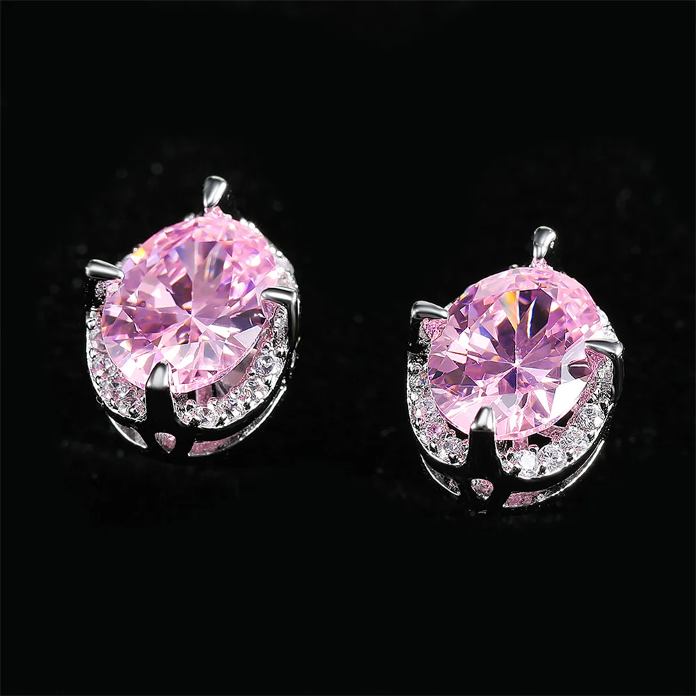 Elegant Pink Crystal Oval Stone Stud Earrings For Women Vintage Silver Color Wedding Earring Versatile Jewelry Gifts