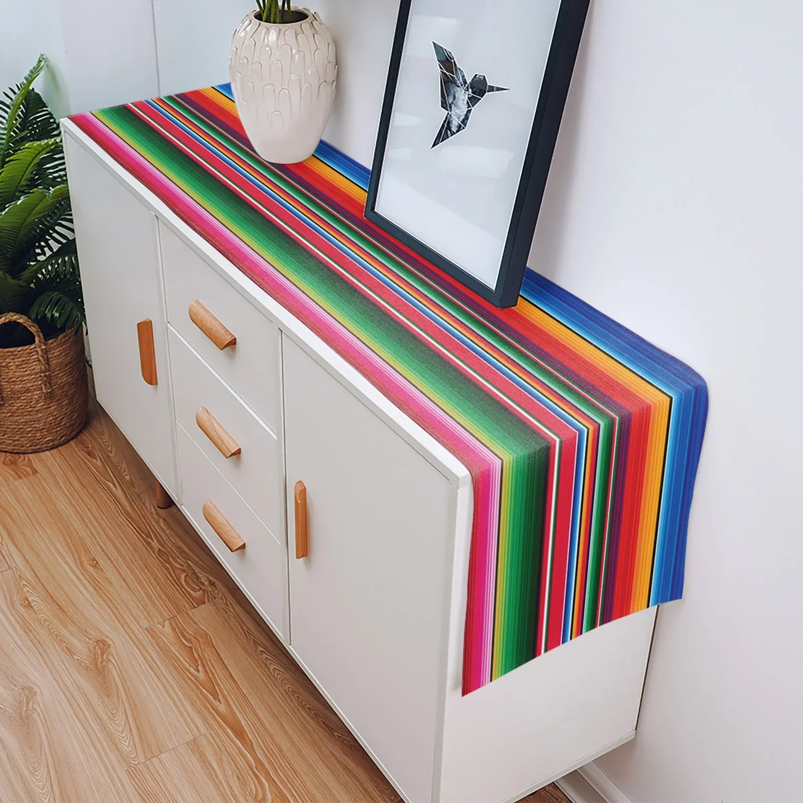 Mexican Serape Linen Table Runner Dresser Scarf Decor Colorful Striped Mexican Fiesta Day of The Dead Table Runner Party Decor 4