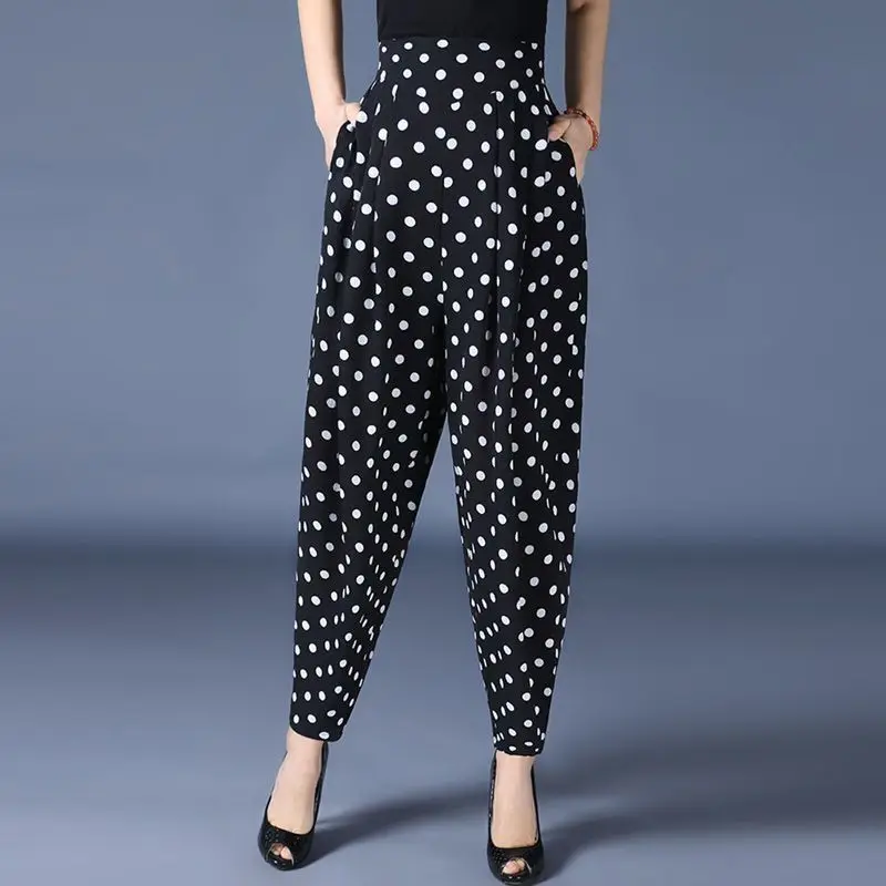 summer women Chiffon elegant Thin style Harlan pants Appear thin Elastic waist Polka dot Loose Comfortable Large size trousers