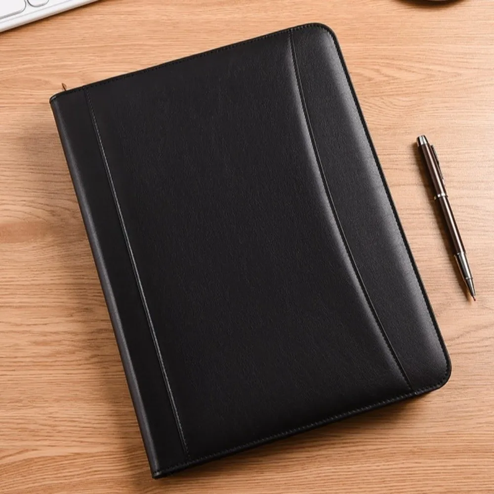 Office Supplies A4 PU Document Folder with Zipper Durable Padfolio Waterproof Multi-functional Document Organizer Meeting