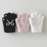 3-8Years Children's Gloves Autumn Winter New Windproof Warm Knitted Plush Cartoon Pearl Bow Girls' Love Wholesale Gloves 2