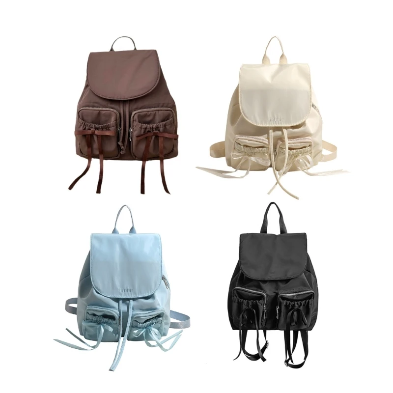 Women Girls Bowknot Double Pockets Shoulder Bag Korean Casual Solid Color Backpack Large Capacity Travel Shool Bag