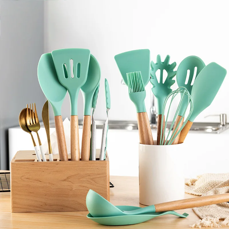 

Kitchenware Set Wooden Handle Silicone Nonstick Hot High Temperature Silicone Spatula Kitchen Utensils Green 11 Piece Set кухня