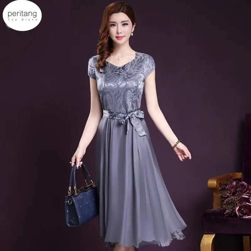 

Fashion Women Summer Clothing Silk Elegant Dress Short Sleeve Bowtie Wedding Party Dresses Vestidos Female