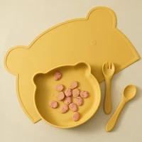 4PCS Baby Silicone Dishes Set Waterproof Placemat Suction Cartoon Bear Plate Soft Fork Spoon Feeding Learning Baby Stuff 2