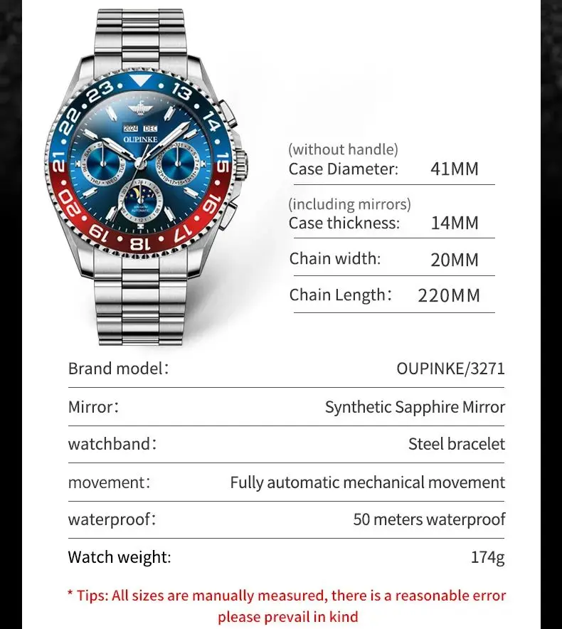 OUPINKE 3271 Automatic Mechanical Man Watch Classic Luxury Perpetual Calendar Moon Phase Waterproof Luminous Men's Dress Watches