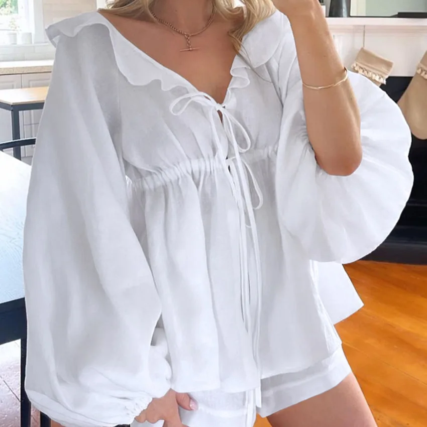 

New Casual White Cotton And Linen Puffed Sleeve Women's Top Solid Color Ruffled V-Neck Lace-Up Top + Shorts Set