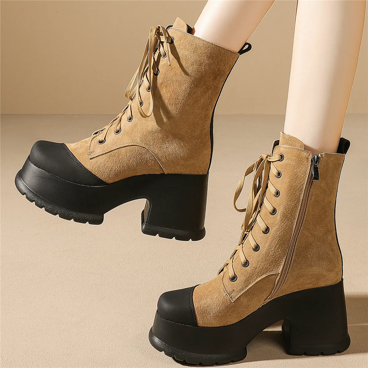 

High Top Pumps Shoes Women Lace Up Cow Leather High Heel Ankle Boots Female Square Toe Platform Fashion Sneakers Casual Shoes