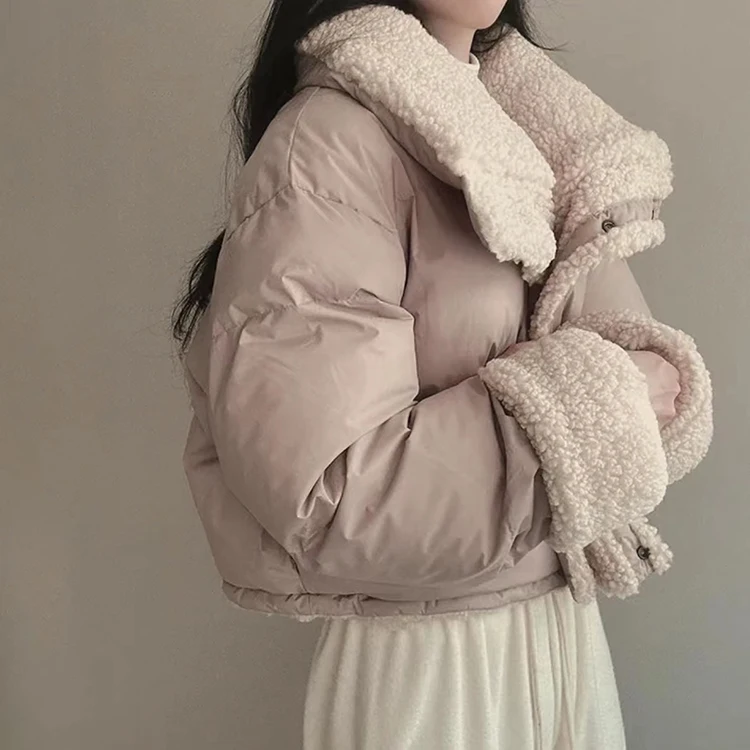 Stand Collar Drawstring Parkas Thicked Outerwears Lambswool Ropa Mujer 2025 Woman Casaco Autumn Winter Single Breasted Jacket