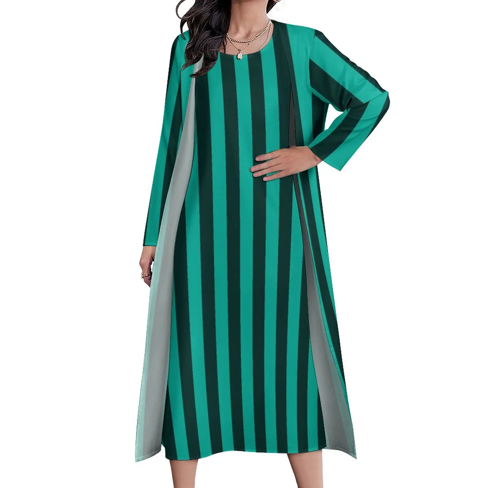 

Green Vertical Striped Dress Two-Piece Black Lines Streetwear Bohemia Long Dresses Woman Kawaii Maxi Dress Gift Idea