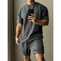 Ensemble Short à manches courtes en pur coton pour hommes, T-shirt ample de sport et de loisirs tendance européenne et américaine 3