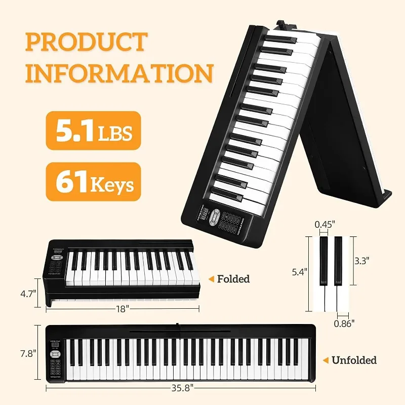 61-key Folding Piano Portable Beginner Home Bluetooth MIDI Foldable Electronic Piano Multifunctional Musical Keyboard Instrument
