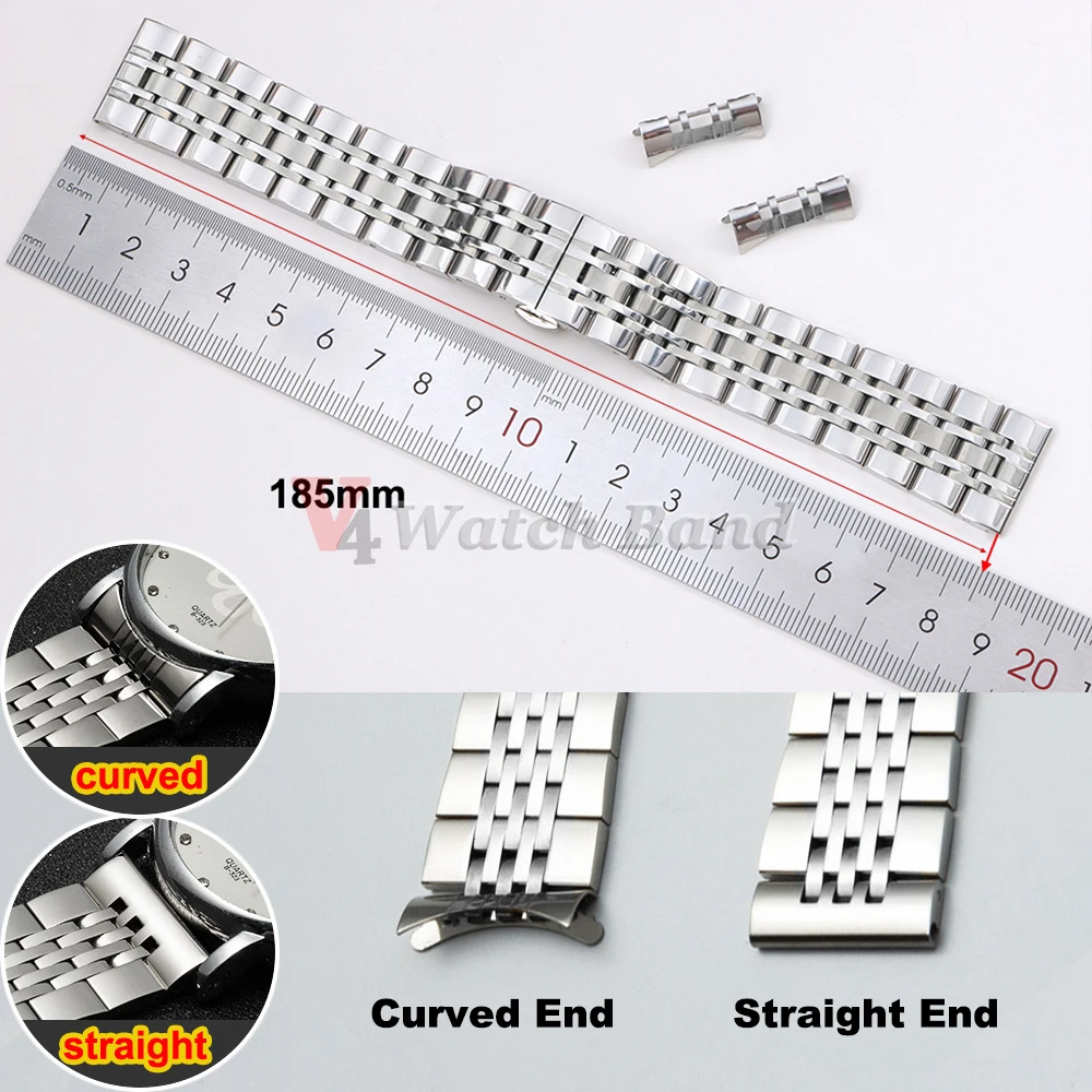 Elegant Solid Stainless Steel Curved Flat Metal Watch Strap (Multiple Width Options)