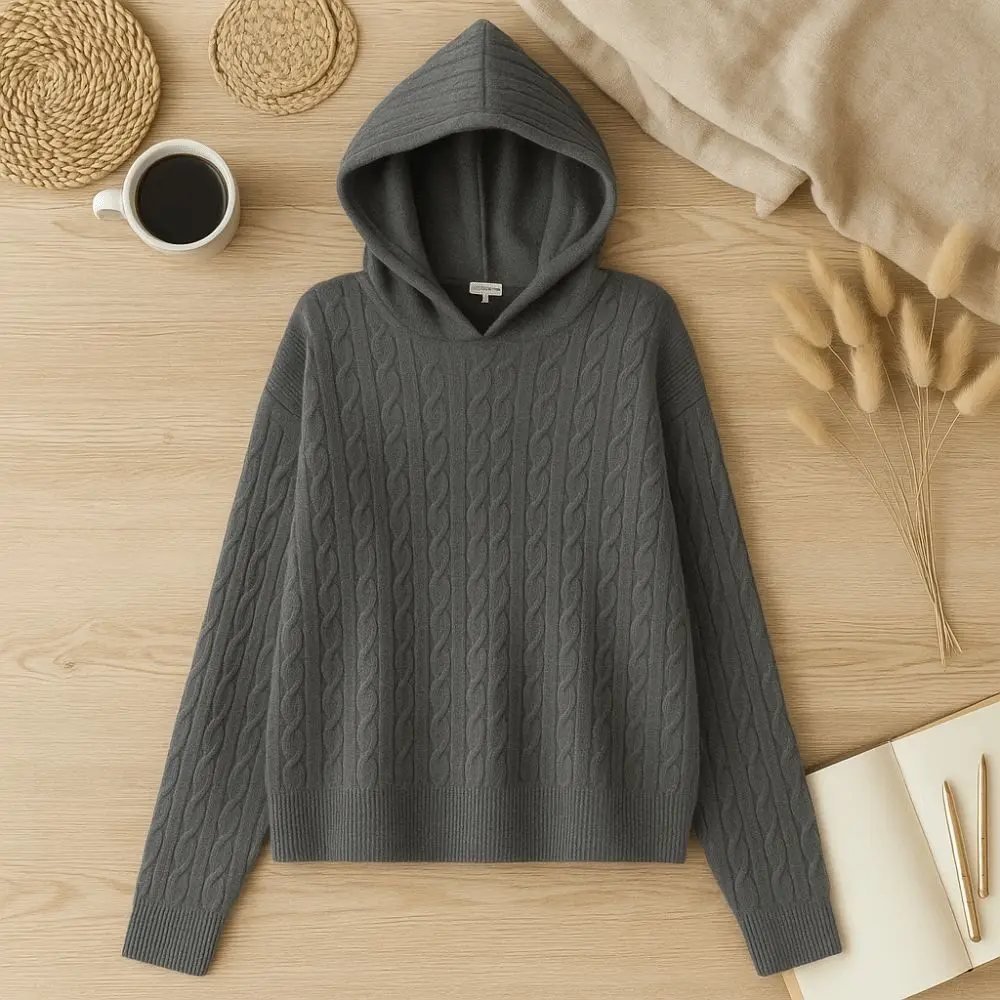 Aesthetic Long Sleeve Knitted Hoodies Pullover Loose Hooded Sweatshirts Casual Simple Hooded Knitted Sweater Women