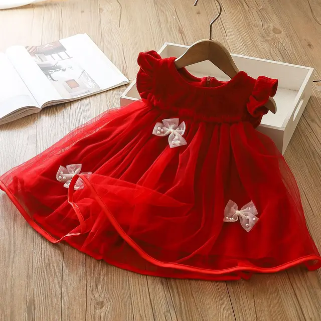 Baby Girl Dress Summer Solid Color Bow Mesh Princess Style Sweet Beauty Baby Dress Birthday Party Baby Girl Dress 1