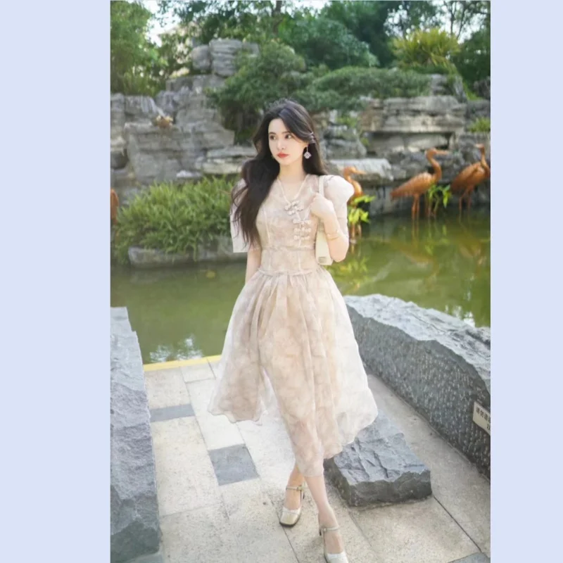 

Весенне-летнее платье, нежное и яркое платье с чернильным принтом в новом китайском стиле, 24 года