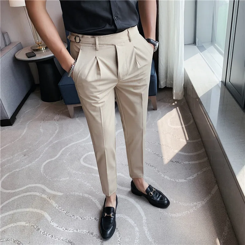 2023 Men Business Casual Dress Pants Men Belt Design Slim Trousers Formal  Office Social Wedding Party Dress Suit Pant 28-38