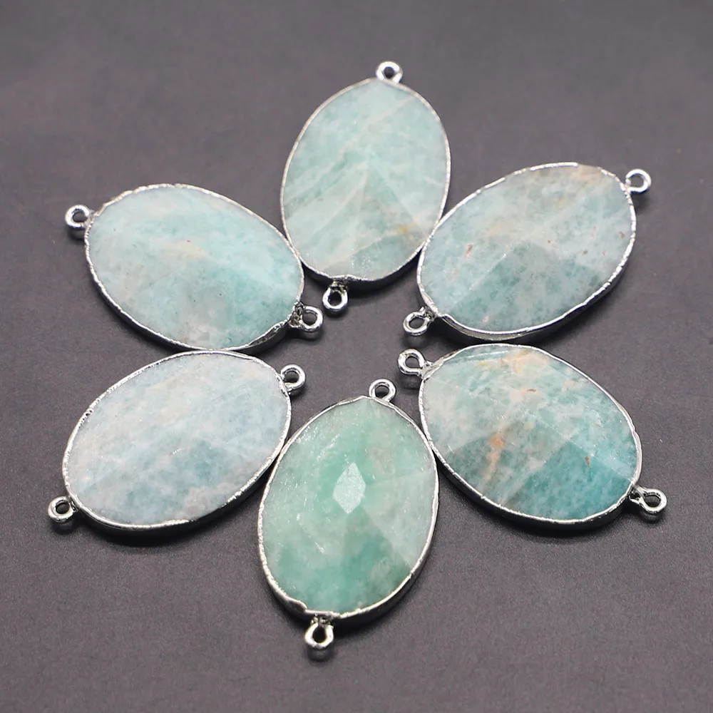 New Natural Stone Oval Amazons Slice Pendant Connector Mineral Healing Silver Plated Edge Necklace Charms Jewelry 4Pcs Wholesale