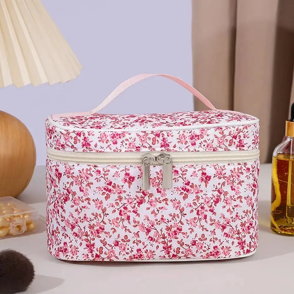 Floral Cotton Cosmetic Pouch - Dual Zipper Makeup Organizer & Portable Travel Wash Bag