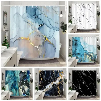 Blue Gold Textured Marble Shower Curtain Black White Natural Art Pattern Polyester Fabric Washable Shower Curtain Bathroom Decor 1