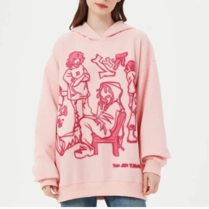 

MUXI Y2K Street Pink Casual Sports Hoodie Loose and Fun Cartoon Pattern Printed Pullover Hip Hop Fashion Women's Style