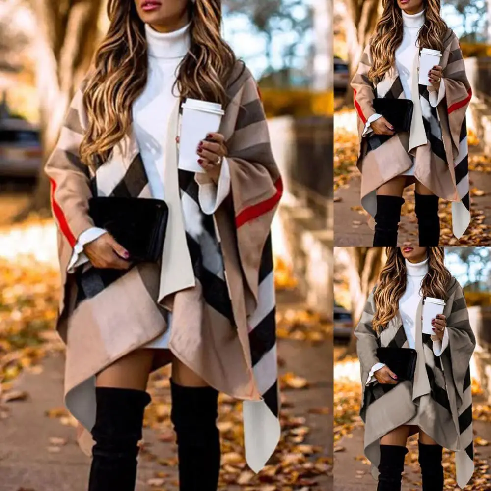 

Fashion Autumn Winter Casual Poncho Elegant Lady Cape Irregular Batwing Fluffy Sleeve Overcoat Women Knitted Color Block Capes S