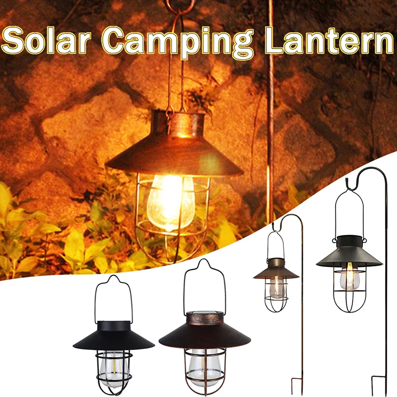 Retro Solar Camping Lantern Outdoor Solar Light Waterproof Vintage Metal Solar Lamp Chandelier Light for Emergency Garden Decor