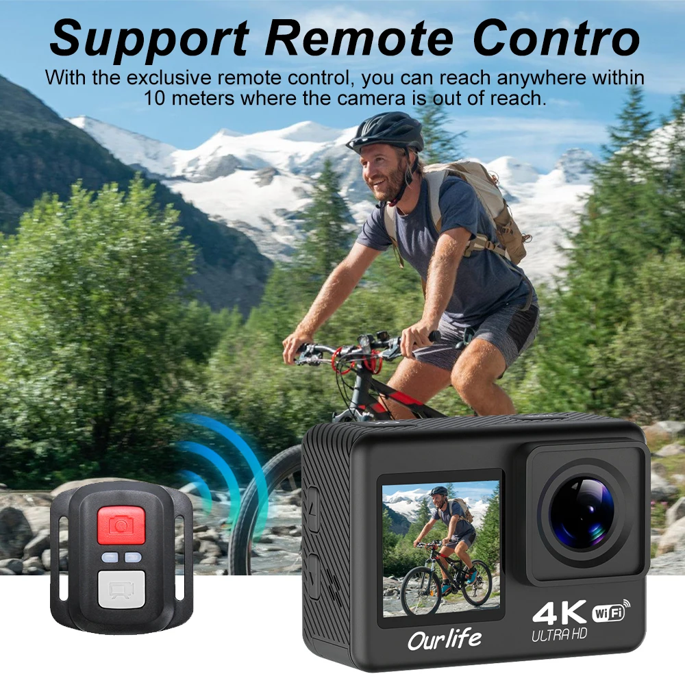 Ourlife Q600 Dual Screen 4K Action Camera 170° Wide Angle 30M Waterproof Sports Video Action Cameras Motorcycle Bicycle Helmet 6