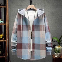 Male Casual Autumn Large Plaid Print Shirt Hooded Long Sleeve Shirt slim fit Art 3d Digital Print Flower Retro Solid Shirts