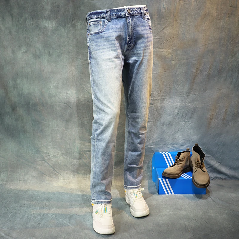 Fashionable men's jeans retro light blue elastic slim fit slit jeans men's high-quality retro designer casual classical denim pa