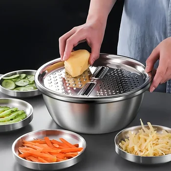 3PCS/1Set Stainless Steel Basin Vegetable Grater  Potato Slicer, Vegetable Washing Basin, Drain Basket, Multifunctional