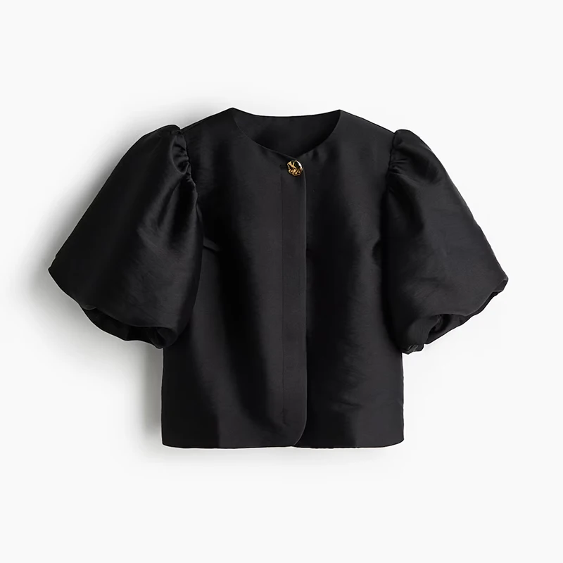 Blusas de manga abullonada con estampado de leopardo para mujer, blusas de verano 2025 con cuello redondo, botones sueltos, tops cortos que combinan con todo, ropa de calle de moda para mujer