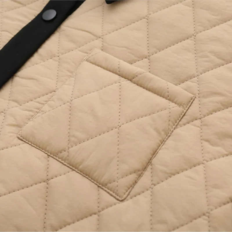 Womens Plus Size Winter Parkas Casual Clothing Block Color Lapel Padded Jacket Warmth Drop Shoulder Design Pockets Argyle Coats