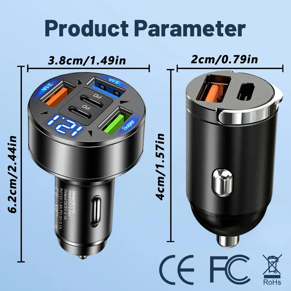 250W 5-Port PD QC3.0 Fast USB-C Car Charger Type C Adapter In Car with Pull Ring For IPhone12-16/Xiaomi/Samsung/Huawei