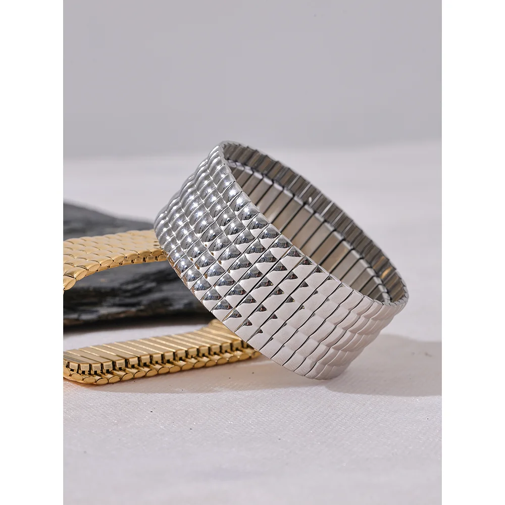 Yhpup 30mm 트렌디 한 스테인레스 스틸 탄성 금속 와이드 팔찌 팔찌 골드 실버 색상 18K PVD 도금 고품질 보석