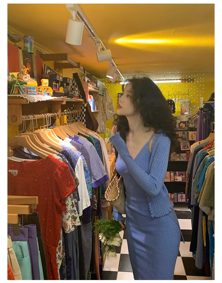 Vintage Chic Knitted 2-piece Dress Set Women Crop Cardigan V-neck Spaghetti Strap Bodycon Midi Dress Autumn New Female Clothing