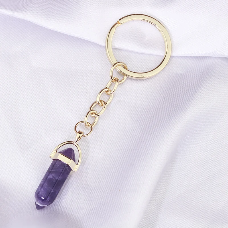 20pcs Natural Stone Hexagon Prism Crystal Quartzs Keychain Women Men Handbag Hangle Car Key Holder KeyRing Jewelry