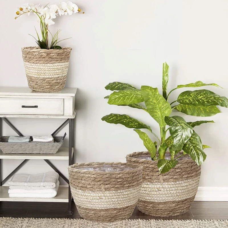 Seagrass Basket Planters Rattan Flower Basket Indoor Outdoor Plant Containers For Modern Home Balcony Garden Kitchen Decor - 5