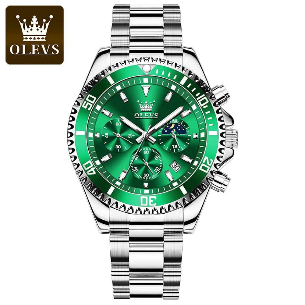 OLEVS Green Water Ghost Multifunctional Quartz Mens Stainless Steel Waterproof Watches Luxury Gold Plated Case Relogio Masculino 