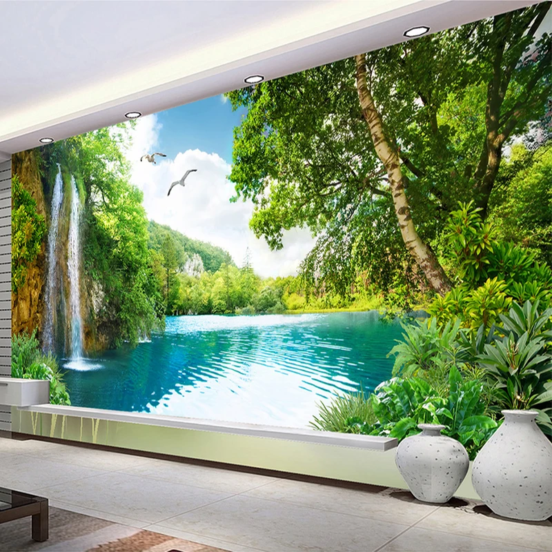 Custom 3D Muurschildering Behang Home Decor Groene Berg Waterval Natuur Landschap 3D Foto Behang Voor Woonkamer Slaapkamer