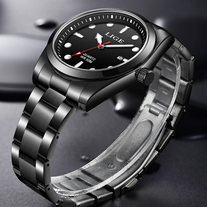 LIGE New Fashion Luxury Quatrz Watch Business Casual Sport Stainless Steel Band Watch for Men Waterproof Luminous Date Man Clock