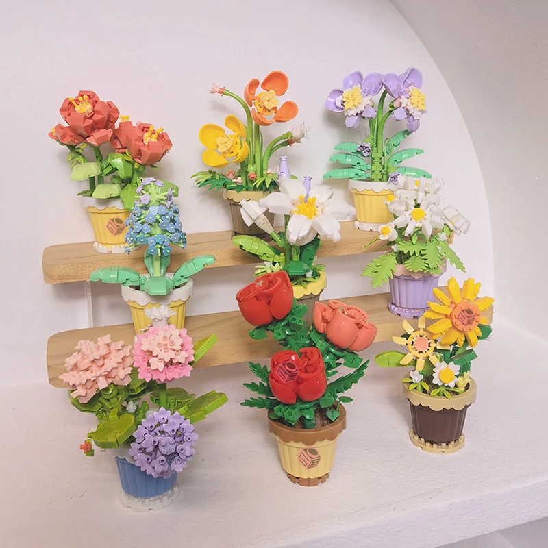 꽃 부케 다육 식물 빌딩 블록, 장미 해바라기 분재 정원, 로맨틱 벽돌, DIY 화분 식물 모델 키트, 어린이용 장난감