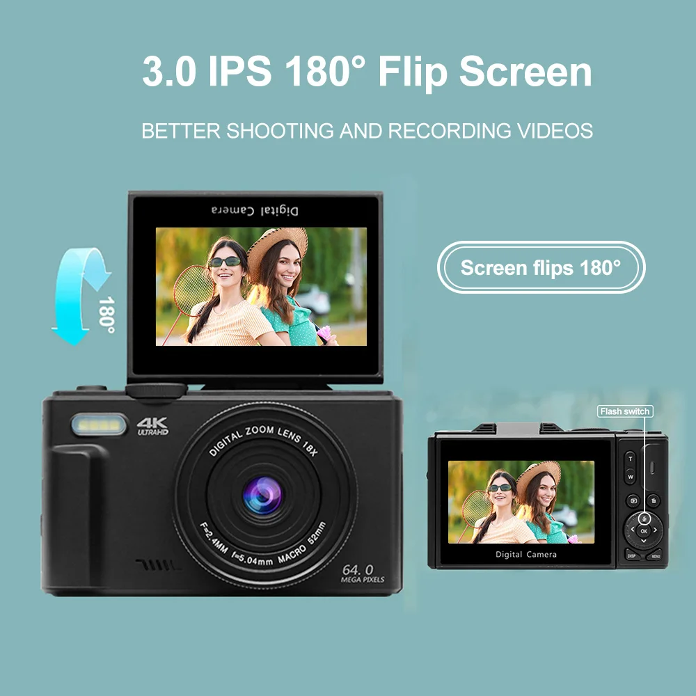Digital Camera 4K Digital Camera 64MP 3.0 Inch Rotatable Screen 18X Digital Zoom WiFi Vlog Camcorder Retro Video Recorder YouTub Webcam