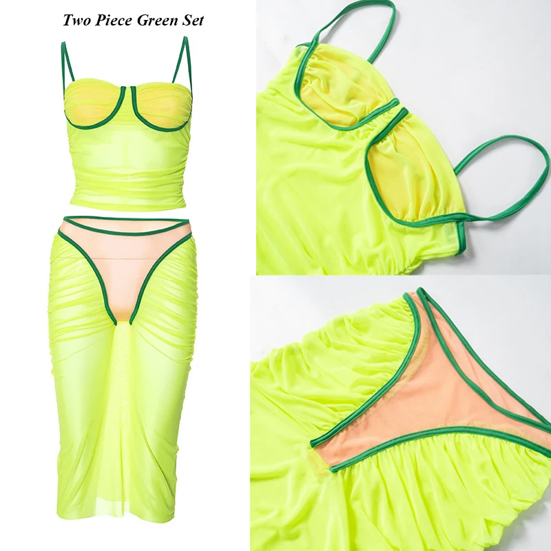 2024 Spaghetti Strap Bodycon Sexy Two Piece Dress Set Sleeveless Top and Skirt Summer Set Mesh Patchwork Transparent Club Outfit